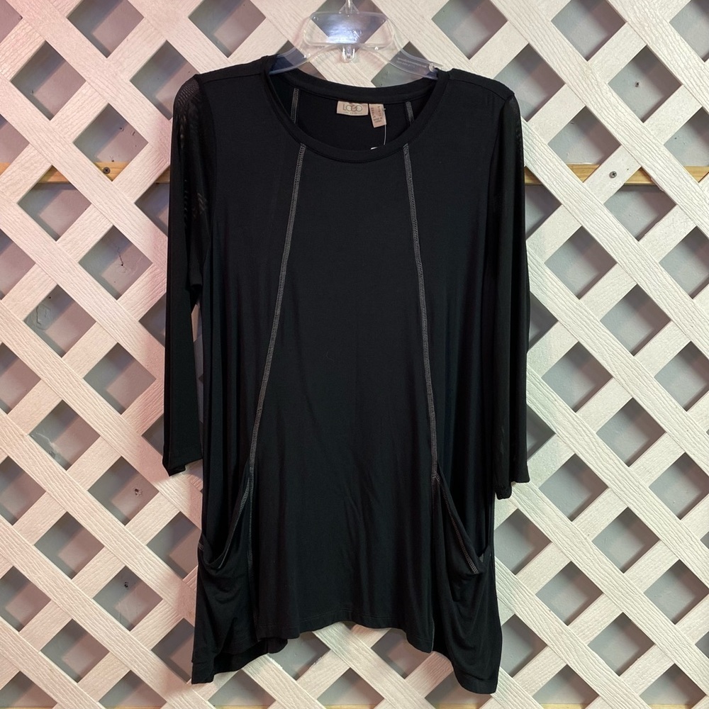 LOGO by Lori Goldstein Rayon 230 Top with Mesh 3/4 Length Sleeves Black Medium